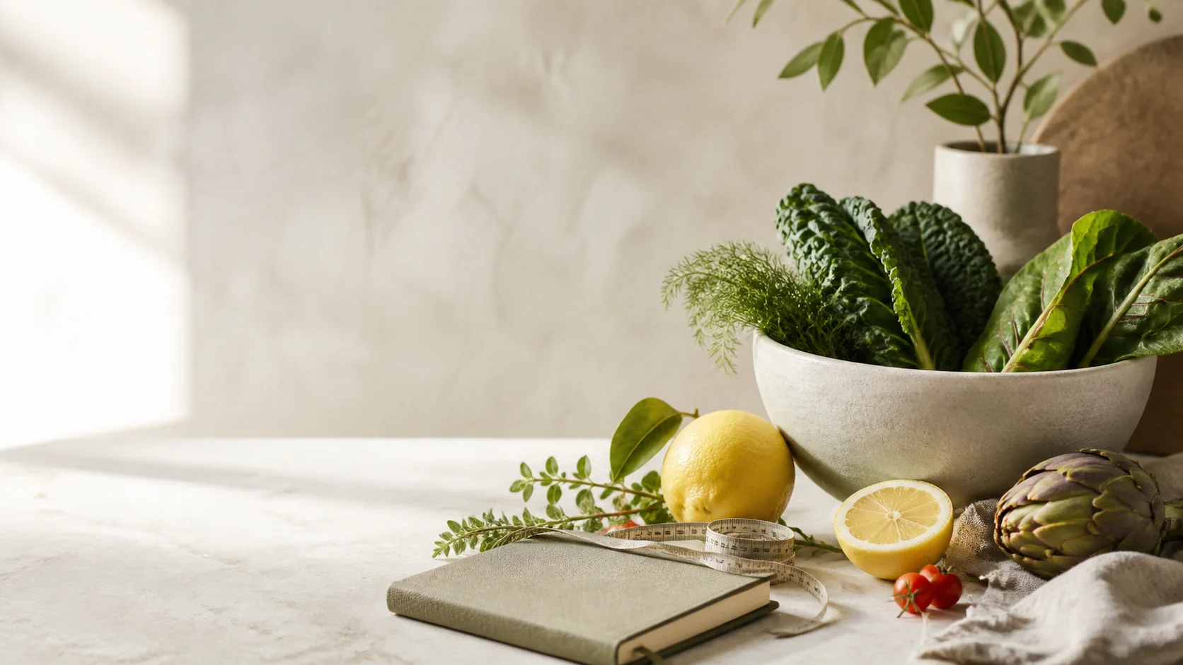 Tavolo editoriale con quaderno, frutta e tessuti, senza persone